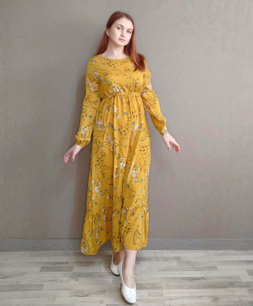 Casual Full Sleeve Floral Printed O-neck Bohe Beach Party Long Dress