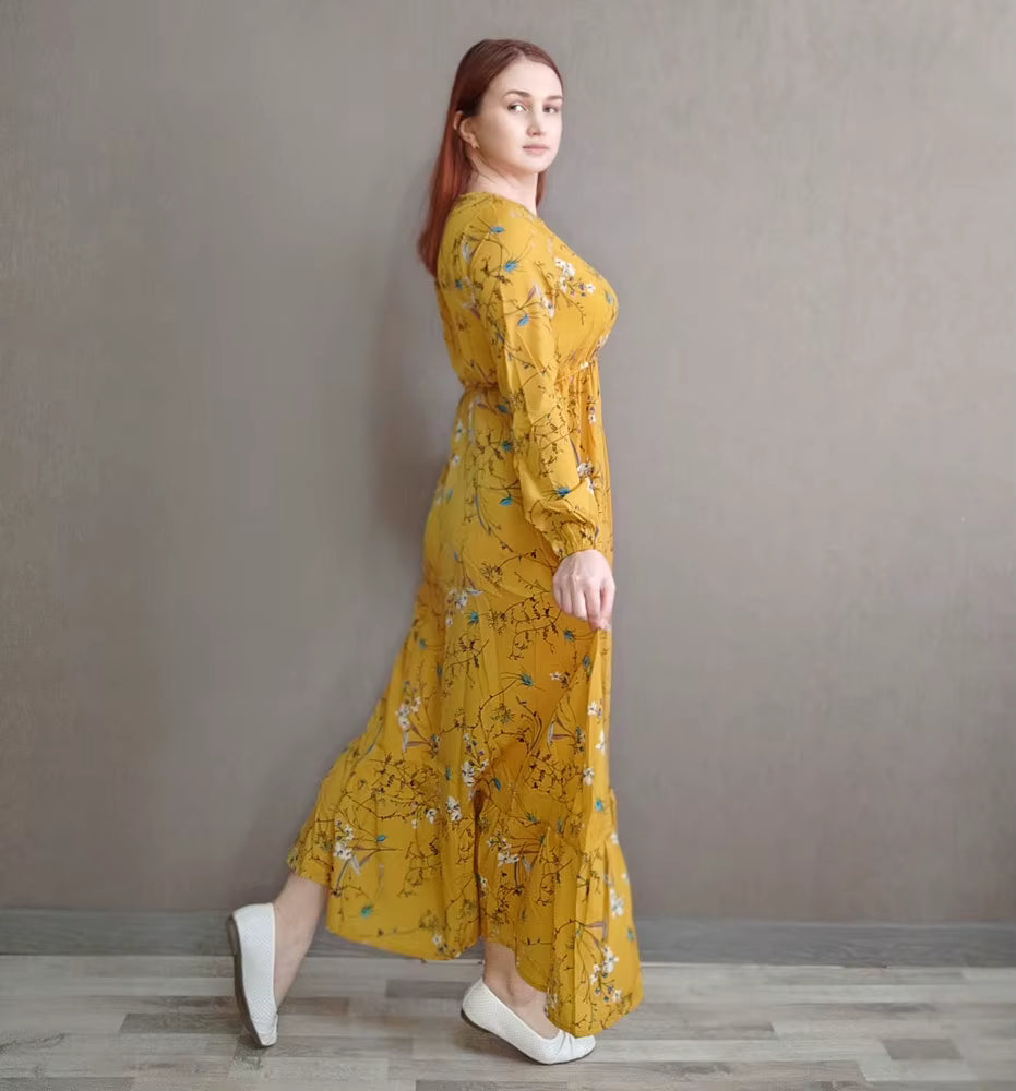 Casual Full Sleeve Floral Printed O-neck Bohe Beach Party Long Dress