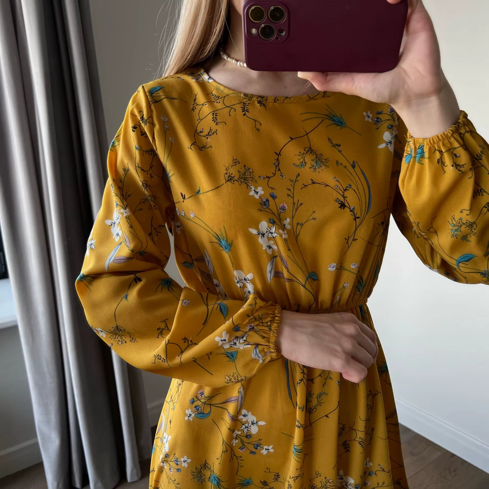 Casual Full Sleeve Floral Printed O-neck Bohe Beach Party Long Dress