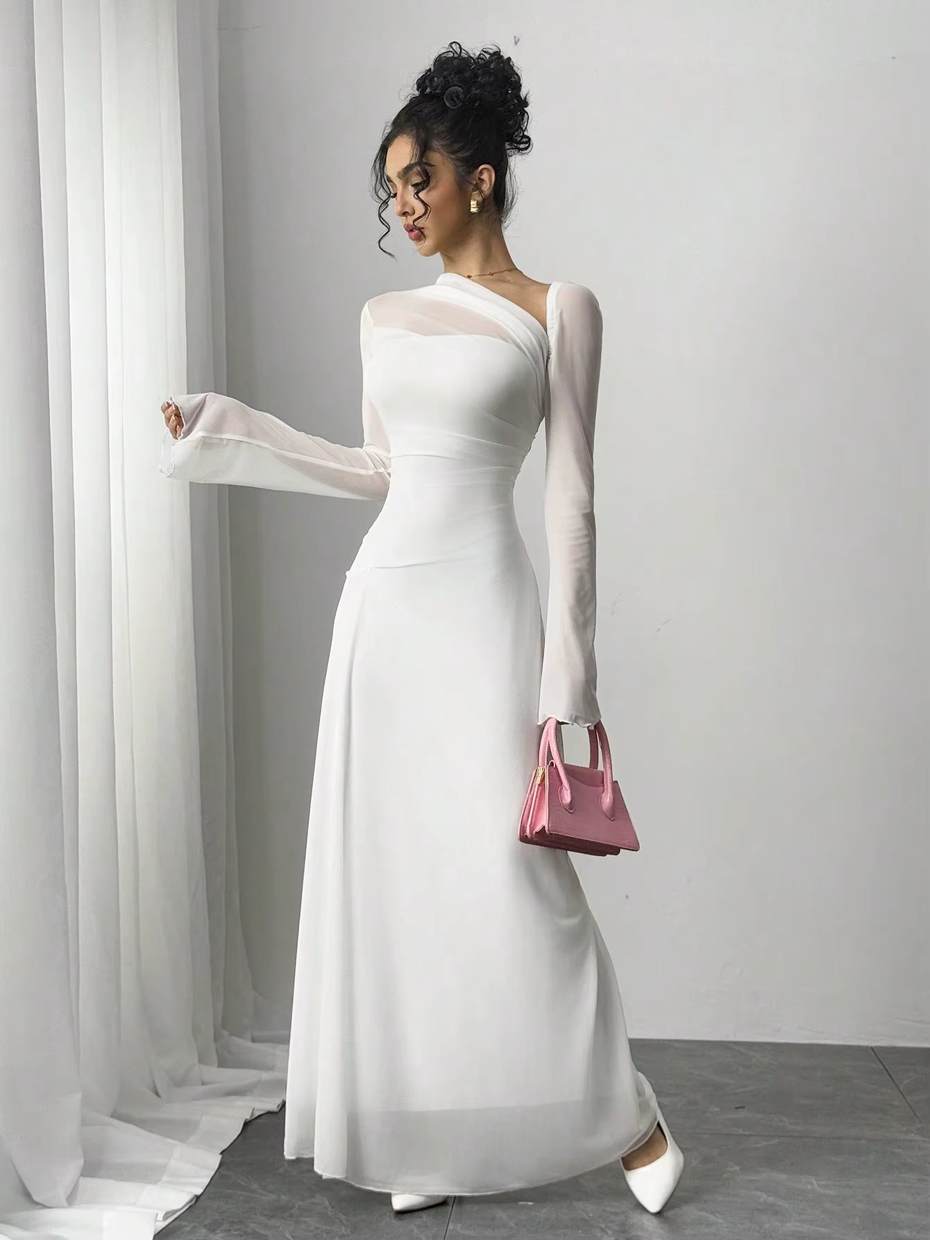 Casual Gauze Explosion Slim-fit High Irregular Oblique Shoulder Ultra Long Maxi Dress