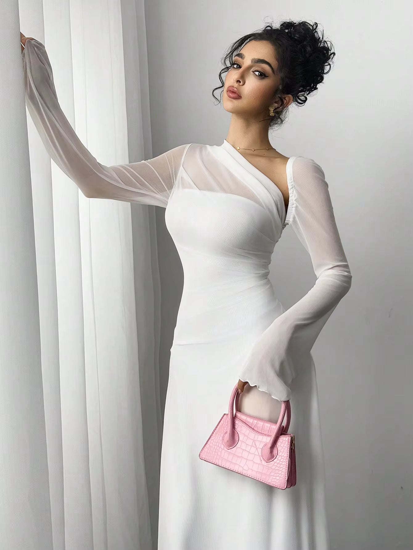 Casual Gauze Explosion Slim-fit High Irregular Oblique Shoulder Ultra Long Maxi Dress