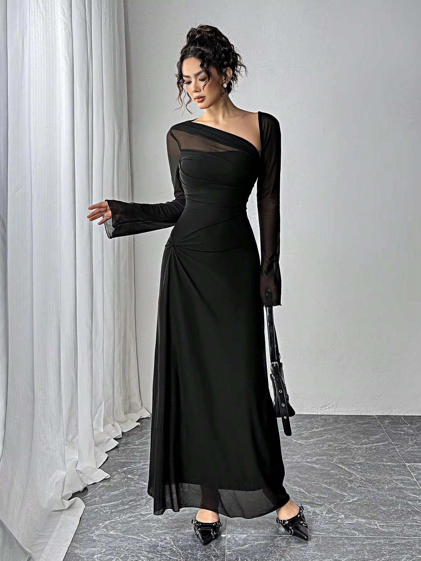 Casual Gauze Explosion Slim-fit High Irregular Oblique Shoulder Ultra Long Maxi Dress