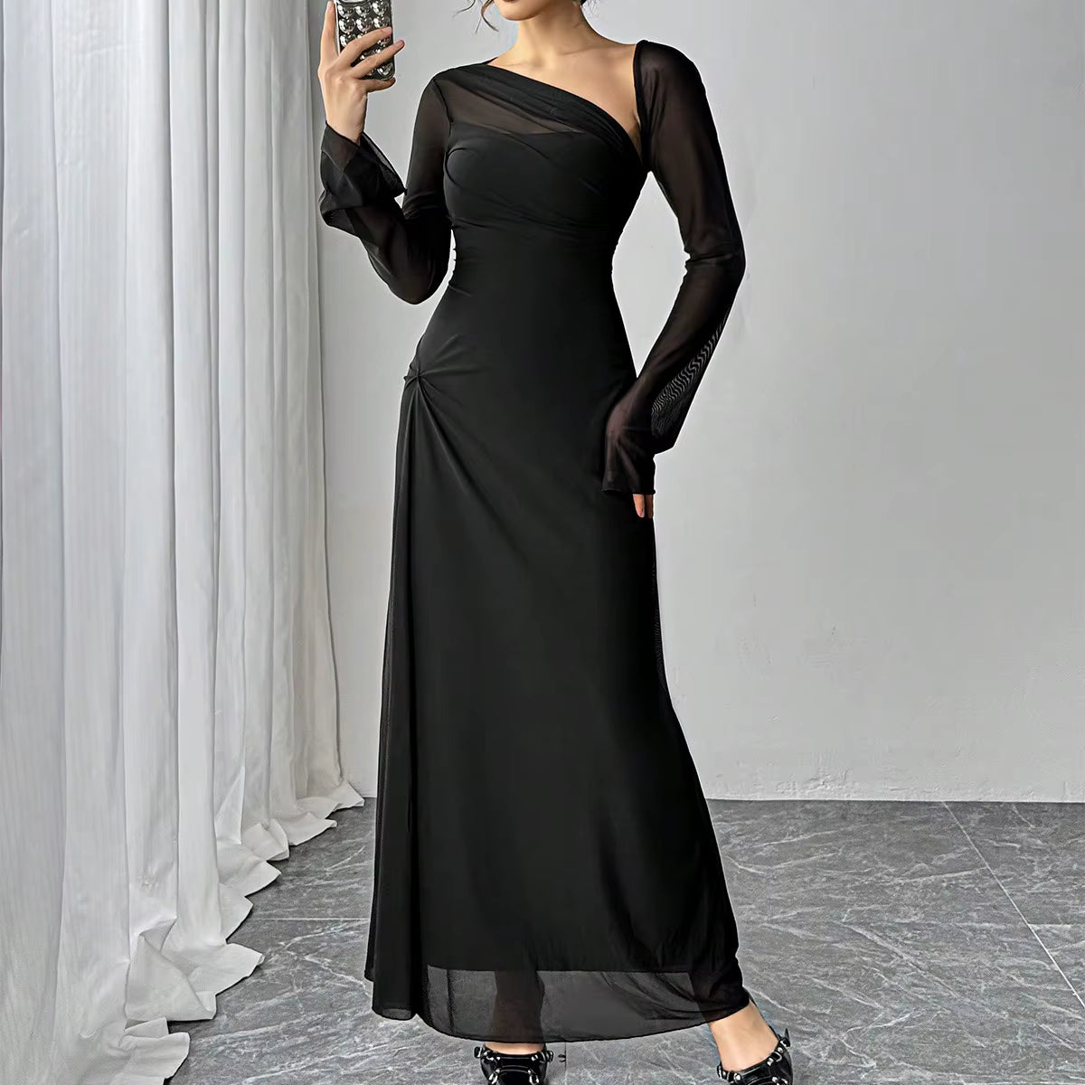 Casual Gauze Explosion Slim-fit High Irregular Oblique Shoulder Ultra Long Maxi Dress