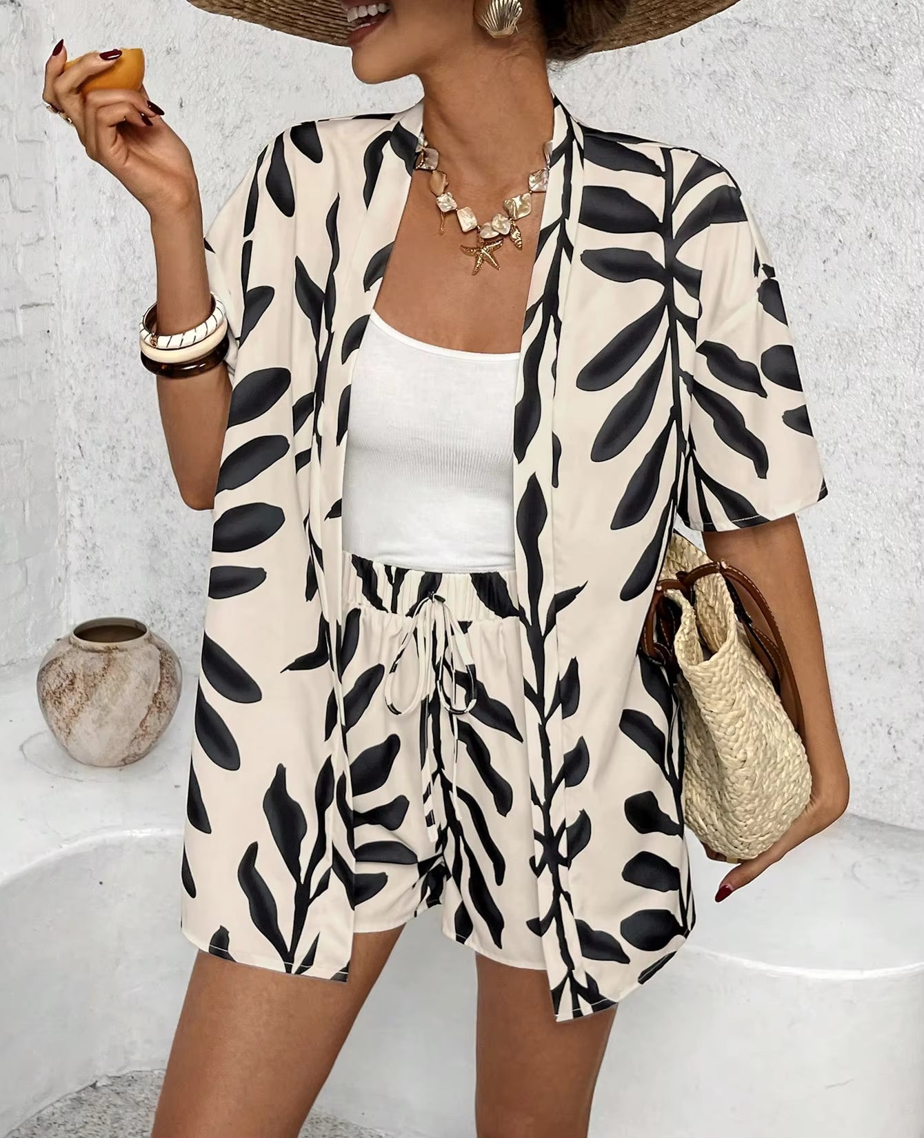 Casual Geometric Loose Blouse And Shorts Short 2 Piece Set