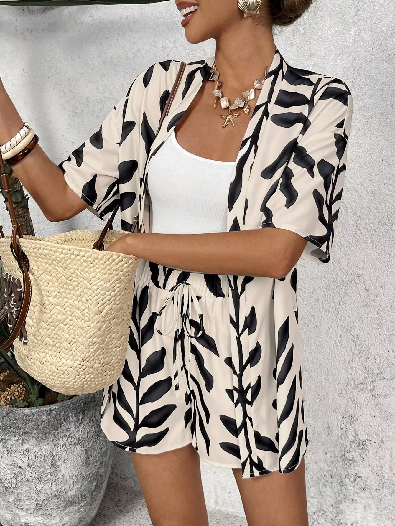 Casual Geometric Loose Blouse And Shorts Short 2 Piece Set