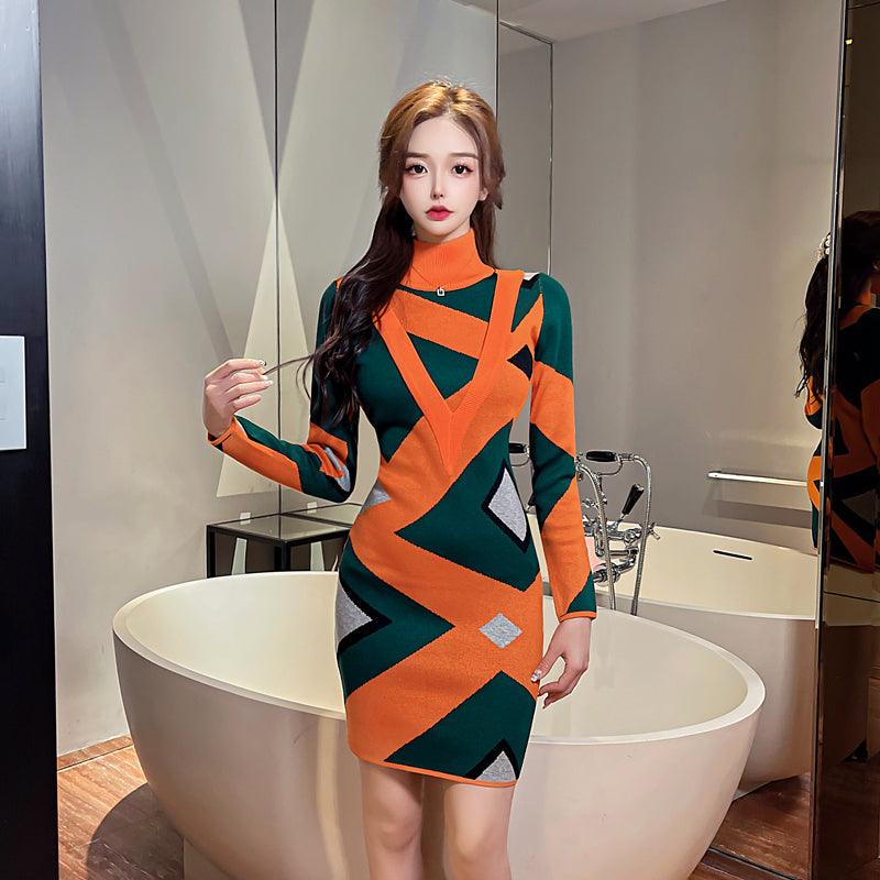 Casual Geometric Pattern Knitted Mid-Length Sweater Dress