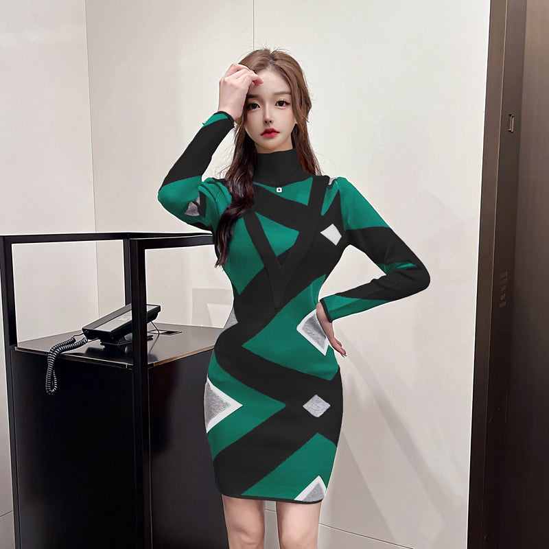 Casual Geometric Pattern Knitted Mid-Length Sweater Dress
