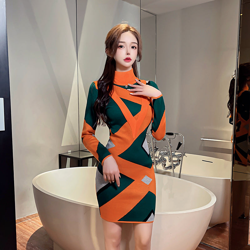 Casual Geometric Pattern Knitted Mid-Length Sweater Dress