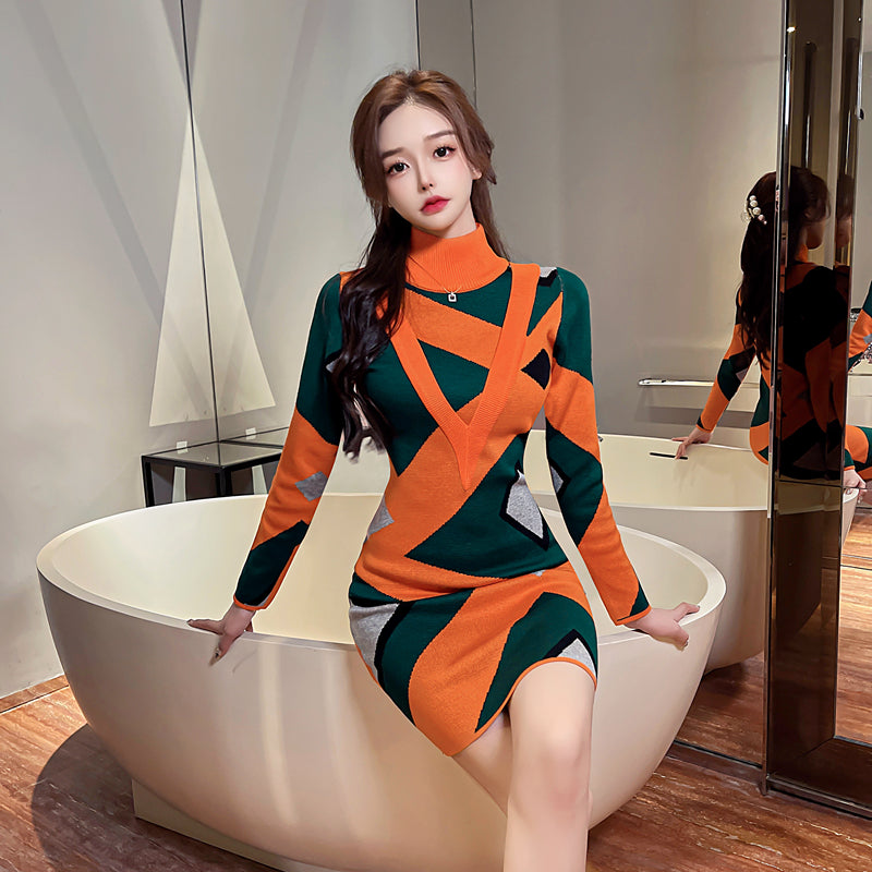 Casual Geometric Pattern Knitted Mid-Length Sweater Dress