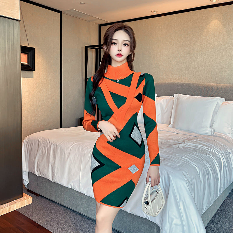 Casual Geometric Pattern Knitted Mid-Length Sweater Dress