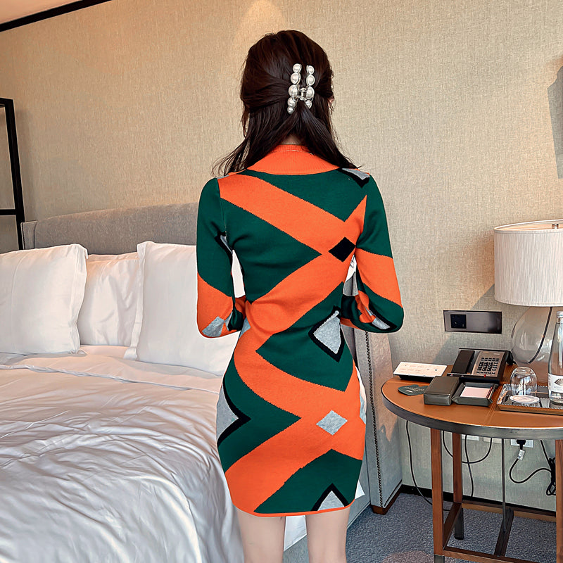 Casual Geometric Pattern Knitted Mid-Length Sweater Dress