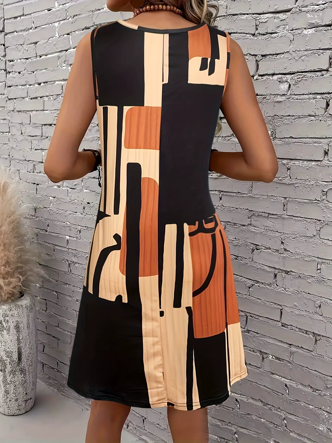 Casual Geometric Pattern Sleeveless O-Neck Bohemia Mini Dress