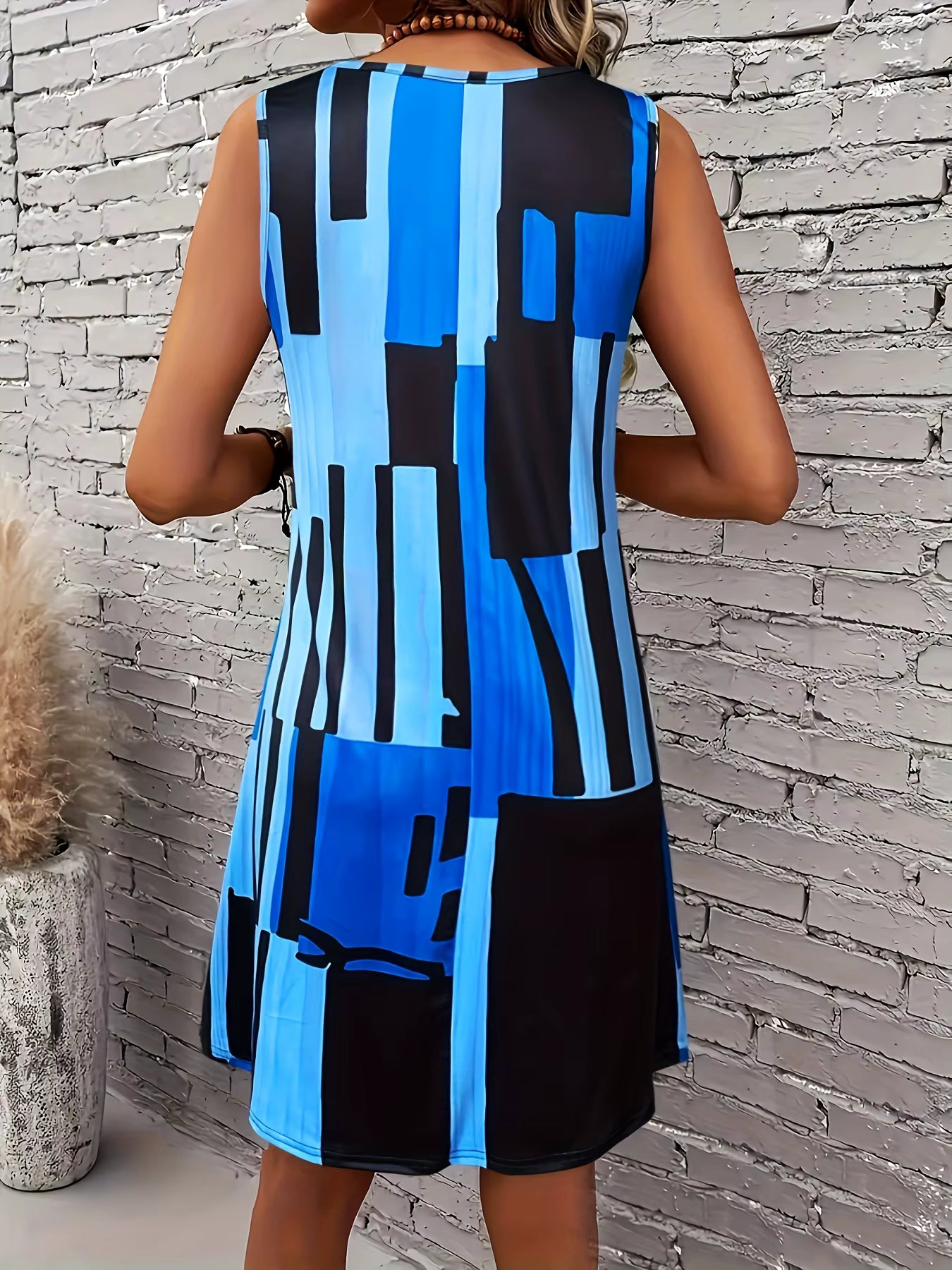 Casual Geometric Pattern Sleeveless O-Neck Bohemia Mini Dress