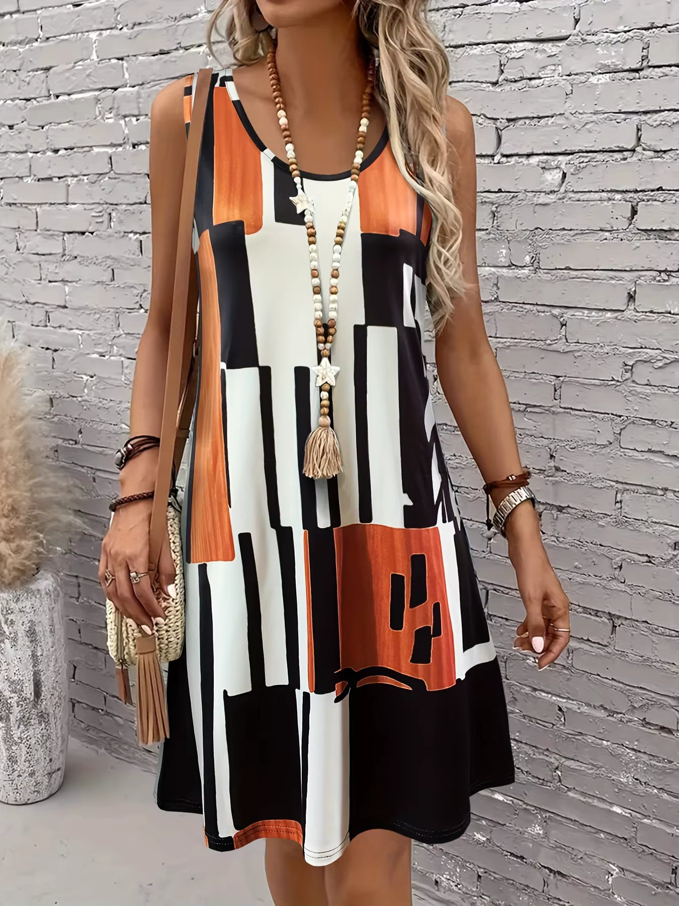 Casual Geometric Pattern Sleeveless O-Neck Bohemia Mini Dress
