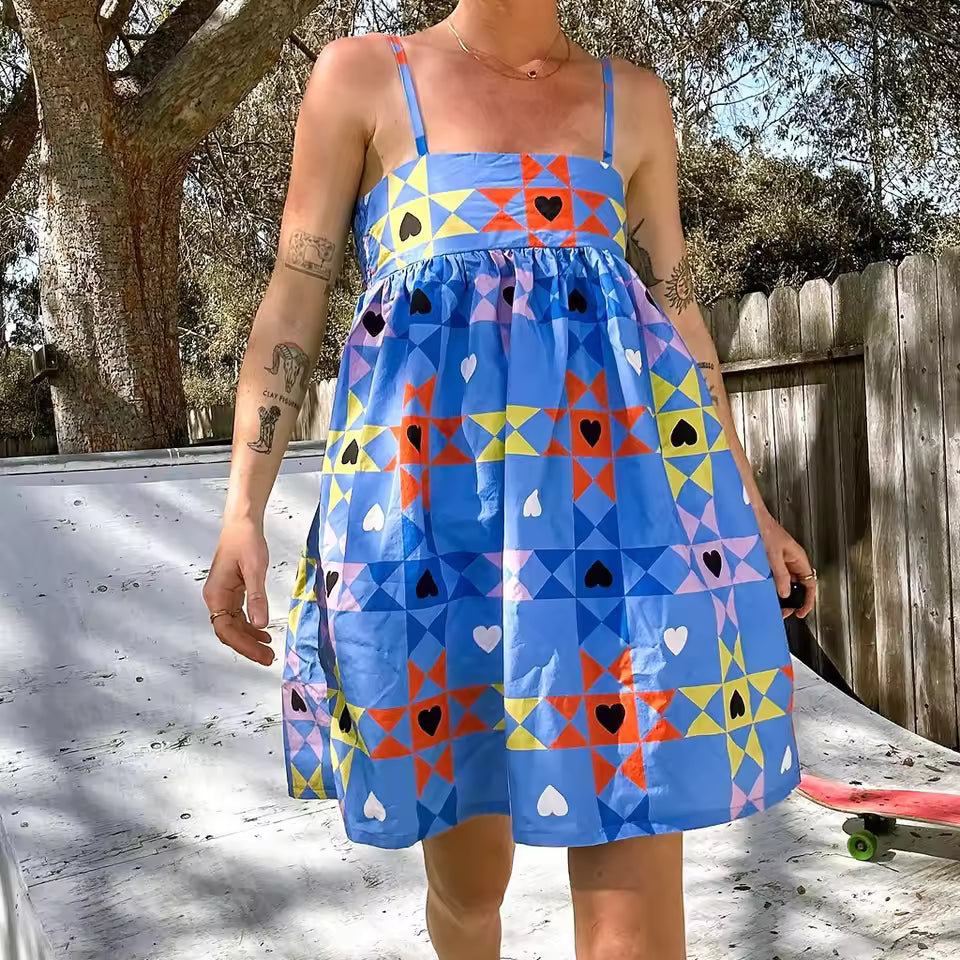Casual Geometric Print A-Line Patchwork Sleeveless Mini Dress
