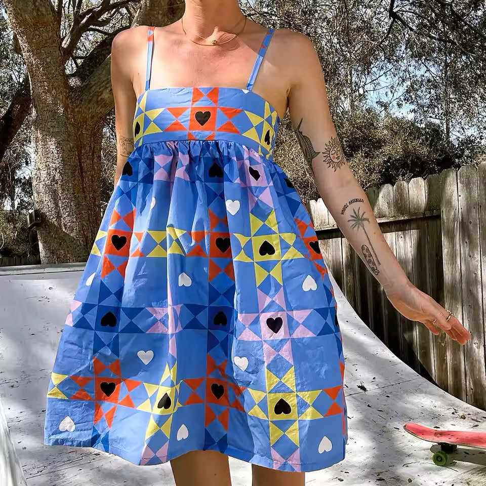 Casual Geometric Print A-Line Patchwork Sleeveless Mini Dress
