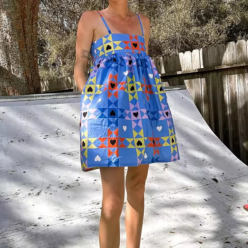 Casual Geometric Print A-Line Patchwork Sleeveless Mini Dress