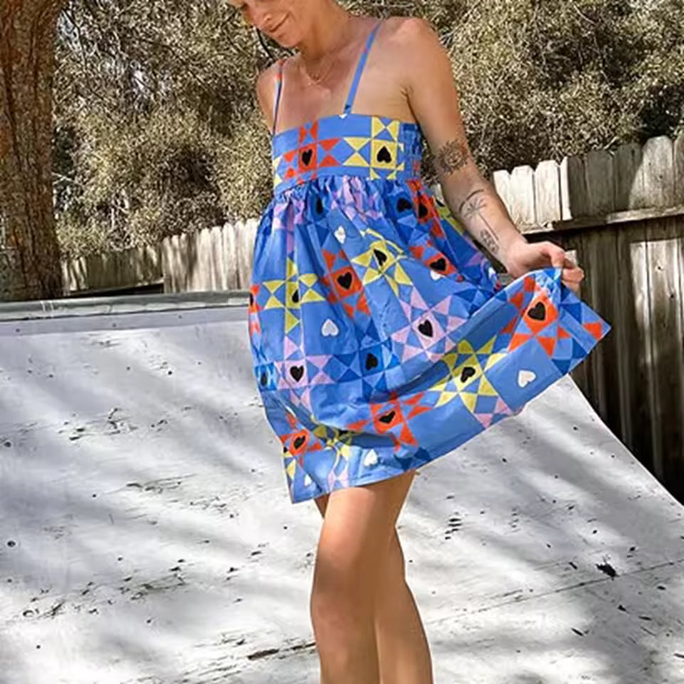 Casual Geometric Print A-Line Patchwork Sleeveless Mini Dress
