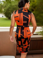 Casual Geometric Print Mock Neck Medium Stretch Mini Dress