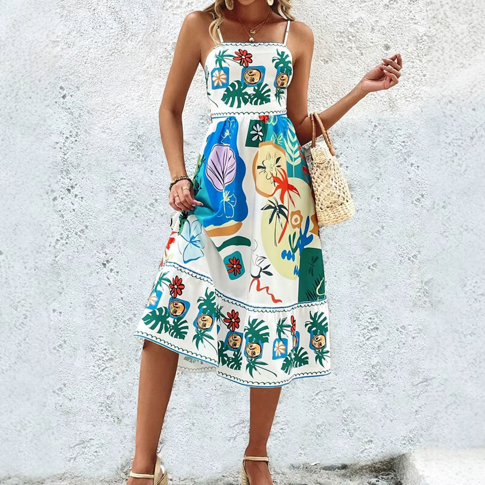 Casual Graphic Print Fit and Flare Sleeveless Square Neck Midi Dresses