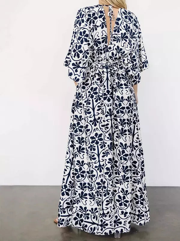 Casual Half-Sleeve Side Slit Floral Printed V-Neck Maxi Dress