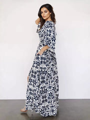 Casual Half-Sleeve Side Slit Floral Printed V-Neck Maxi Dress