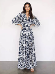 Casual Half-Sleeve Side Slit Floral Printed V-Neck Maxi Dress