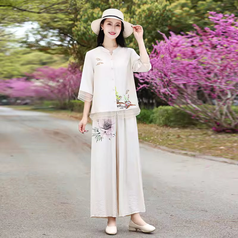 Casual Half Sleeve Top Retro Print Cotton and Hemp Set