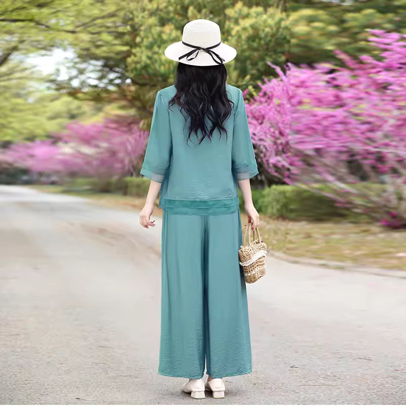Casual Half Sleeve Top Retro Print Cotton and Hemp Set