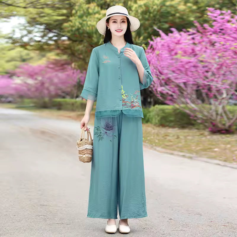 Casual Half Sleeve Top Retro Print Cotton and Hemp Set