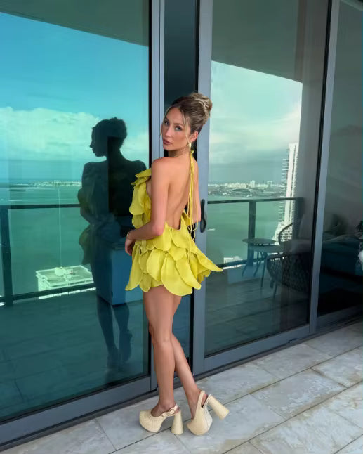 Casual Halter Backless Sleeveless Loose Layer Puff Hem Short Mini Dress