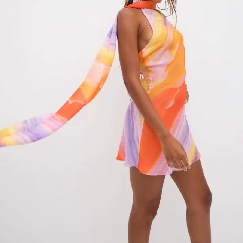 Casual Halter Collar Tie Dye Print Lacing Up Bow Backless Mini Dress