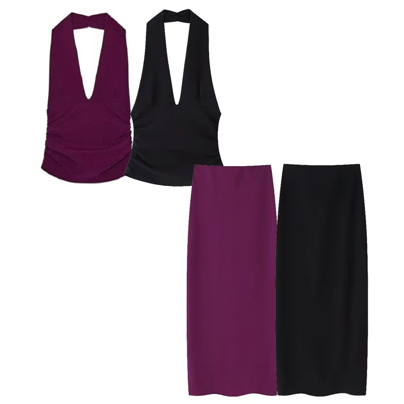 Casual Halter Crop Top Long Ruched Tight Pencil Skirt And Top Two Piece Set