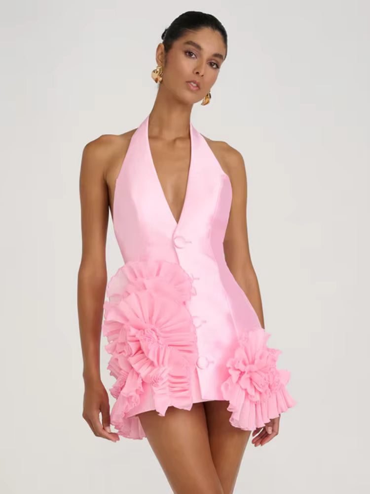 Casual Halter Deep V-Neck Ruched Flowers Sleeveless Ruffles Mini Dress