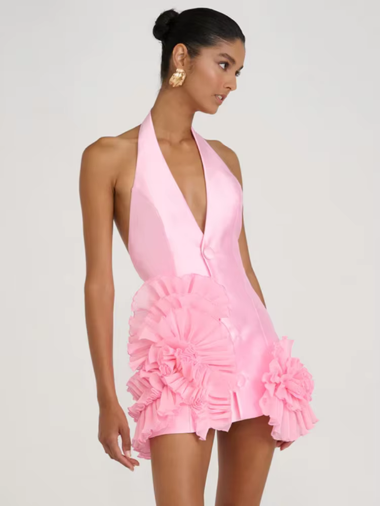 Casual Halter Deep V-Neck Ruched Flowers Sleeveless Ruffles Mini Dress