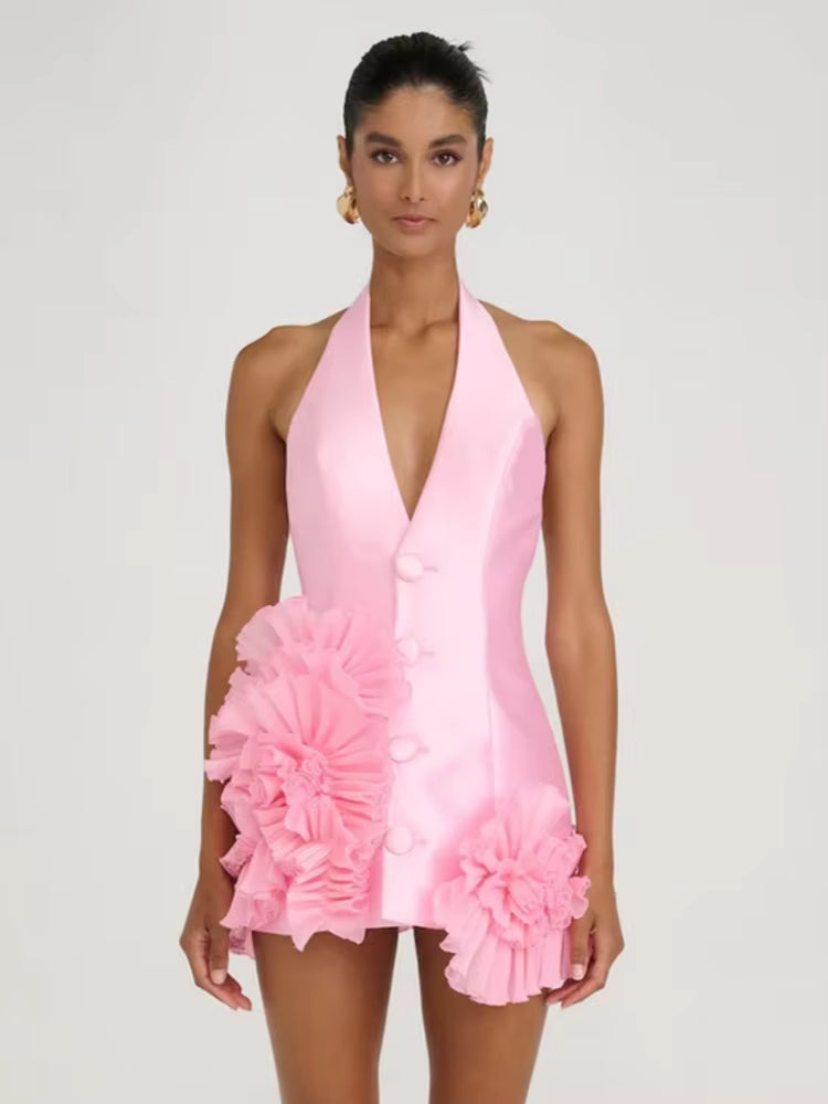 Casual Halter Deep V-Neck Ruched Flowers Sleeveless Ruffles Mini Dress