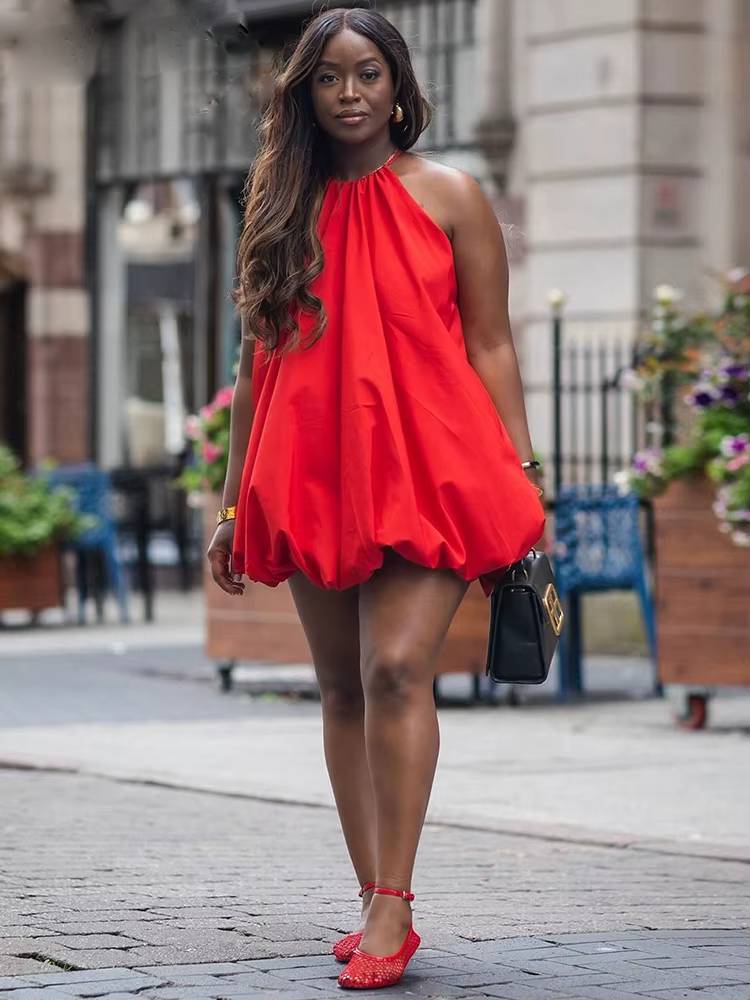 Casual Halter High Neck Sleeveless A Line Loose Robe Birthday Party Mini Dress