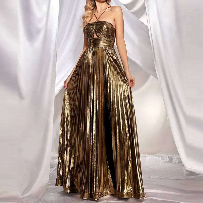 Casual Halter Hollow Out Sleeveless Pleated Backless High Waist Evening Maxi Dress