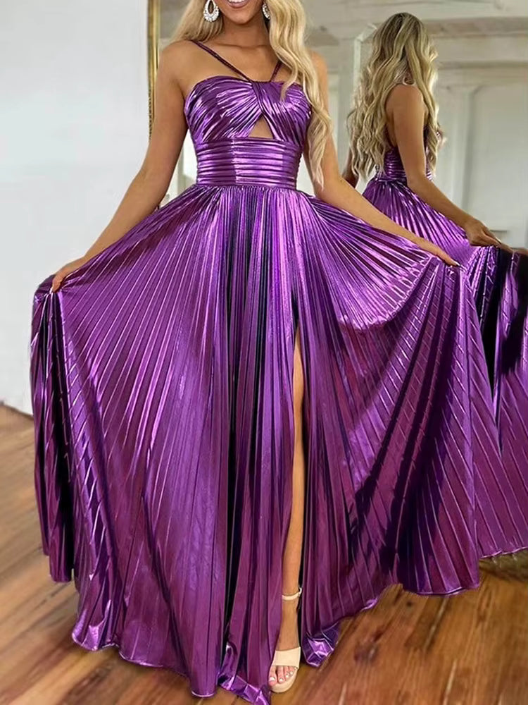 Casual Halter Hollow Out Sleeveless Pleated Backless High Waist Evening Maxi Dress