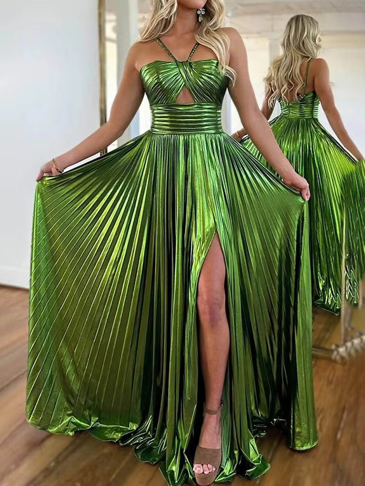 Casual Halter Hollow Out Sleeveless Pleated Backless High Waist Evening Maxi Dress