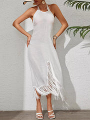 Casual Halter Neck High Slit Fringe Backless Cover-up Knitted Midi Dresses