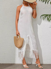Casual Halter Neck High Slit Fringe Backless Cover-up Knitted Midi Dresses