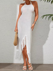 Casual Halter Neck High Slit Fringe Backless Cover-up Knitted Midi Dresses