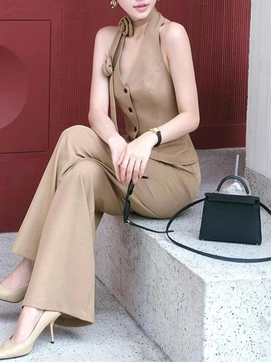 Casual Halter Neck Sleeveless Flowers Top High Waist Patchwork Pockets Pant Solid Two Piece Sets
