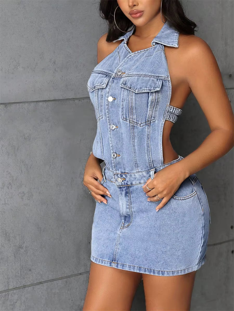 Casual Halter Neck Sleeveless Half Button Club Backless Bodycon Mini Dress
