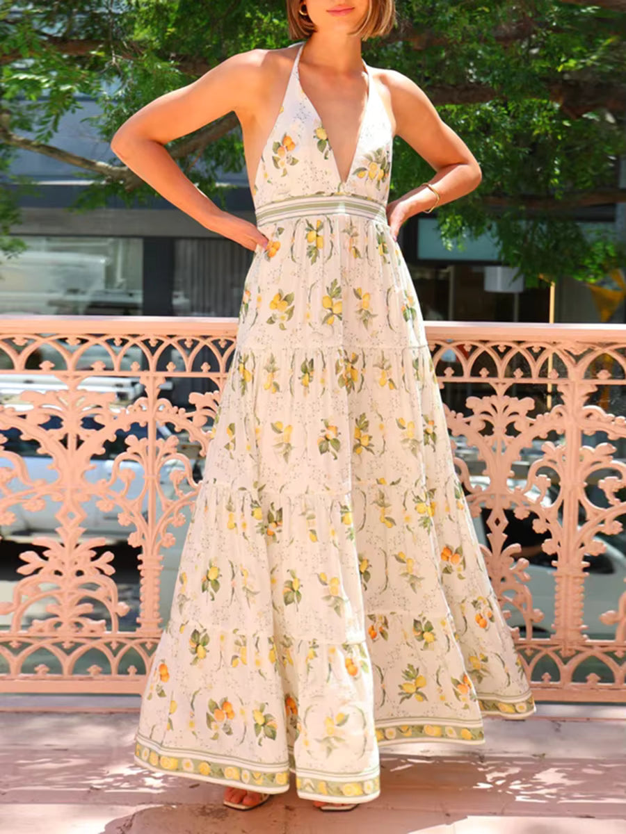 Casual Halter Neck Sleeveless High Waist Folds Backless Printing Long Dress