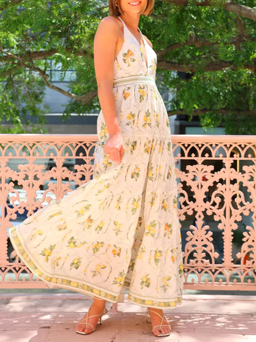 Casual Halter Neck Sleeveless High Waist Folds Backless Printing Long Dress