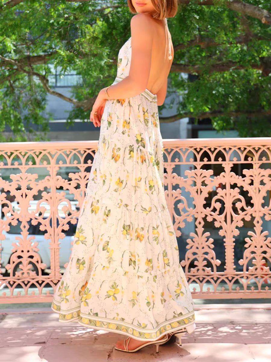 Casual Halter Neck Sleeveless High Waist Folds Backless Printing Long Dress