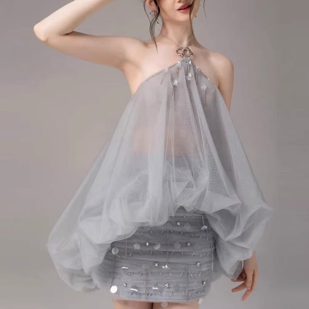 Casual Halter Neck Sleeveless Top High Waist Patchwork Sequins Skirt Solid Two Piece Sets