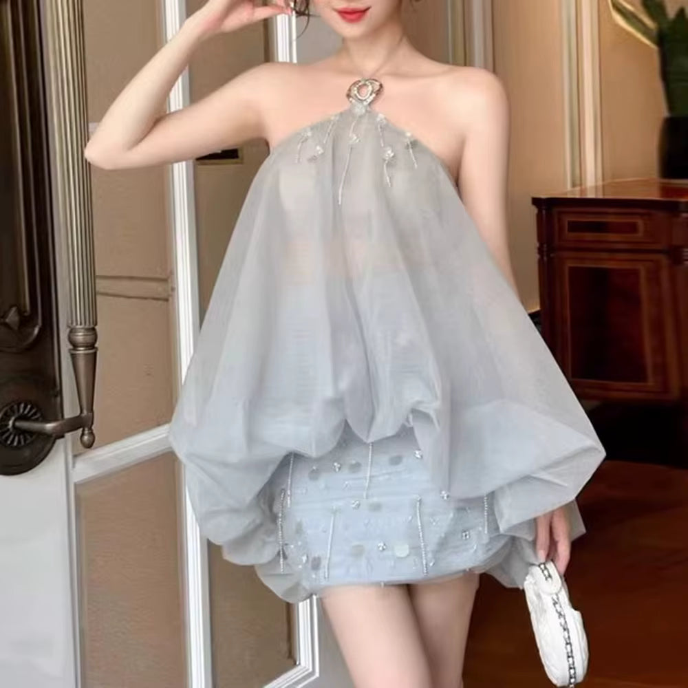 Casual Halter Neck Sleeveless Top High Waist Patchwork Sequins Skirt Solid Two Piece Sets
